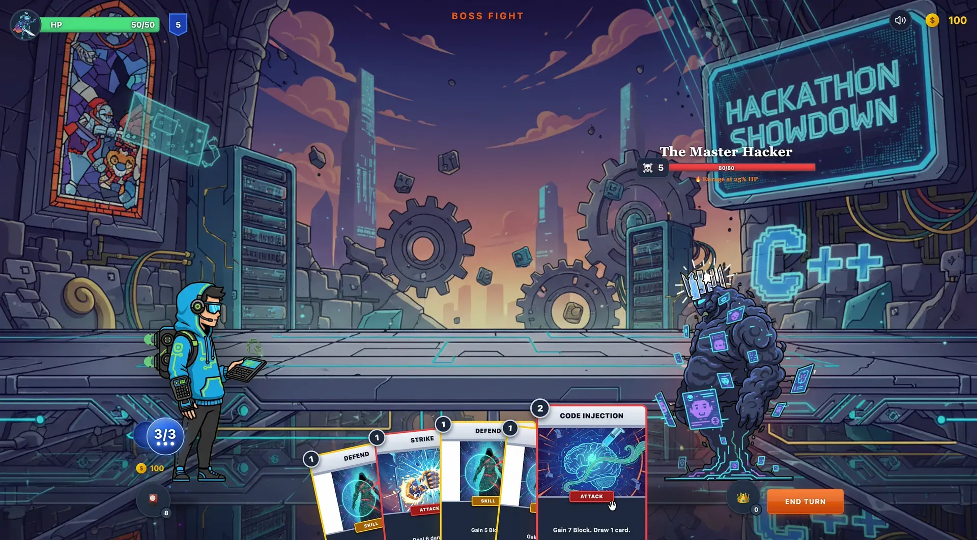 A generated boss fight in Famble, built from the hackathon landing page.