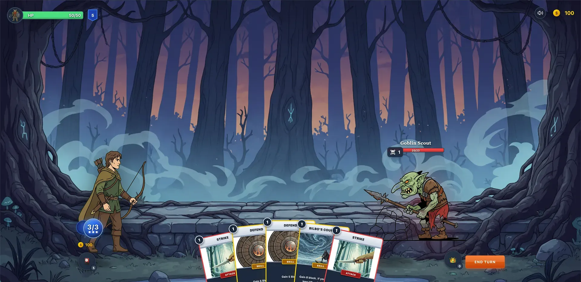 A high-fantasy run: a cloaked archer faces a Goblin Scout in a misty, rune-marked forest, holding a “Bilbo’s Courage” card.