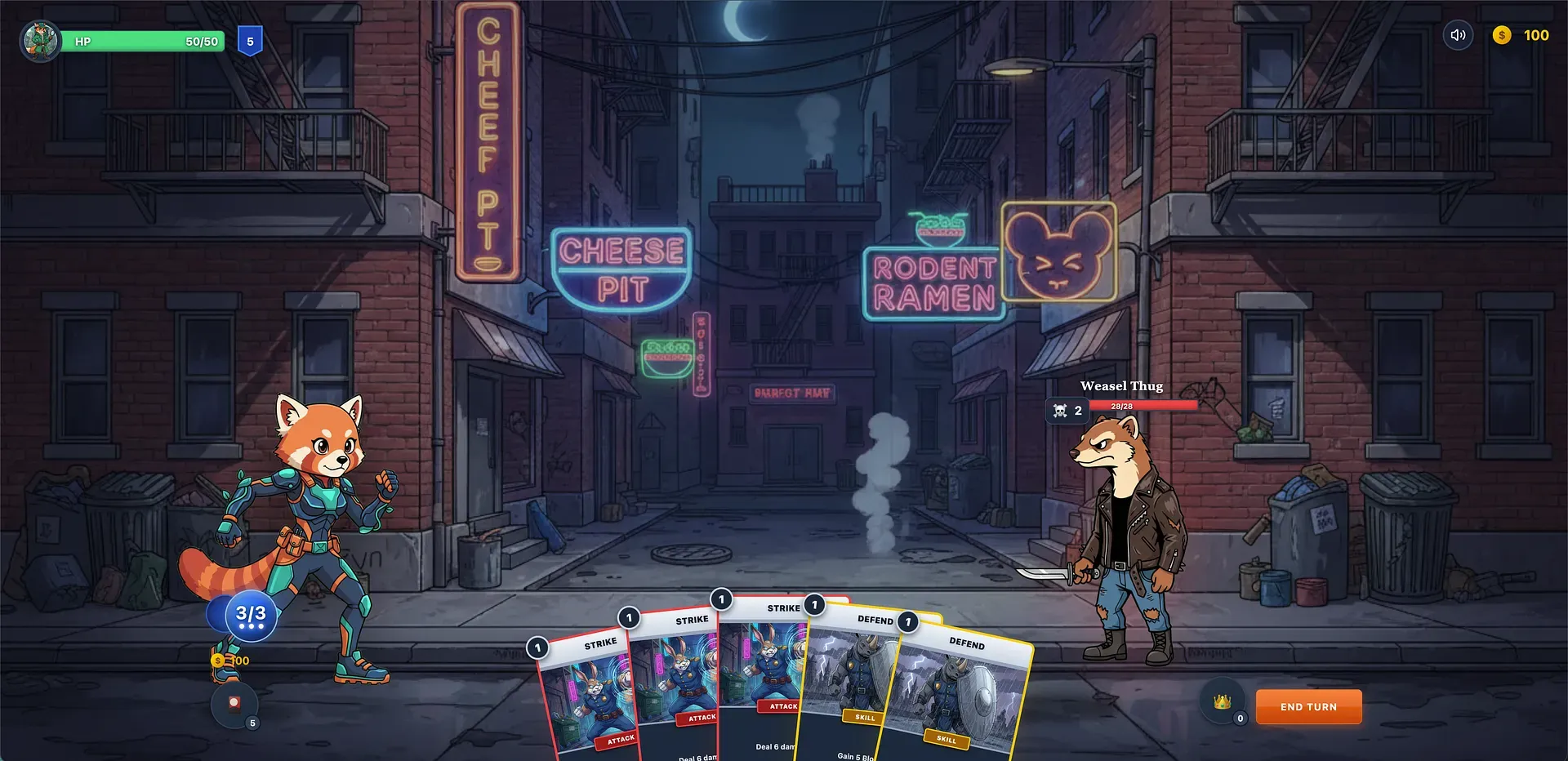 A talking-animal run: a red panda fighter squares up to a Weasel Thug in a neon back alley past Cheese Pit and Rodent Ramen signs.