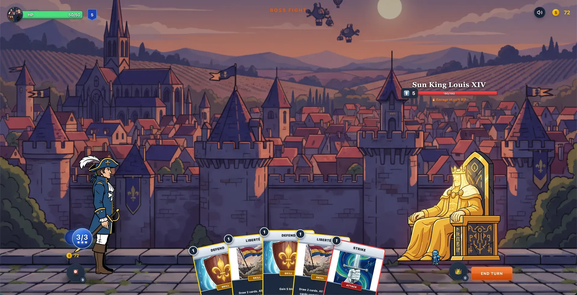 A run generated from a page about Paris: a musketeer faces Sun King Louis XIV outside a walled town, holding Liberté and Defend cards.