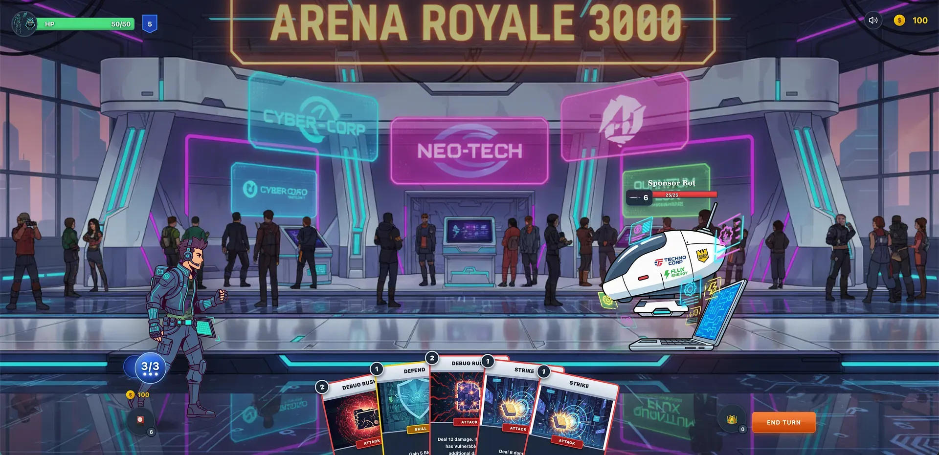 A run set in “Arena Royale 3000”: a cyberpunk hacker faces a Sponsor Bot in a neon expo hall, holding Debug Rush and Strike cards.