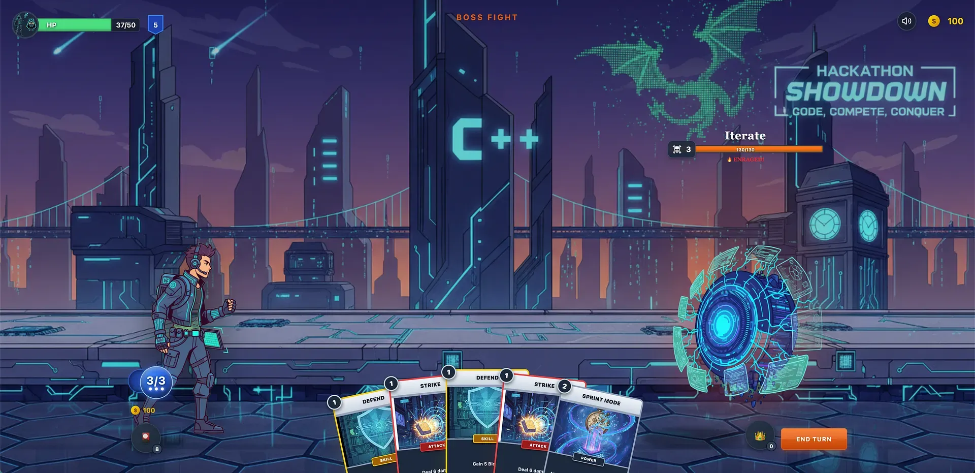 The hackathon run’s boss: Iterate, an enraged AI judge, hovering over a skyline of C++ towers.