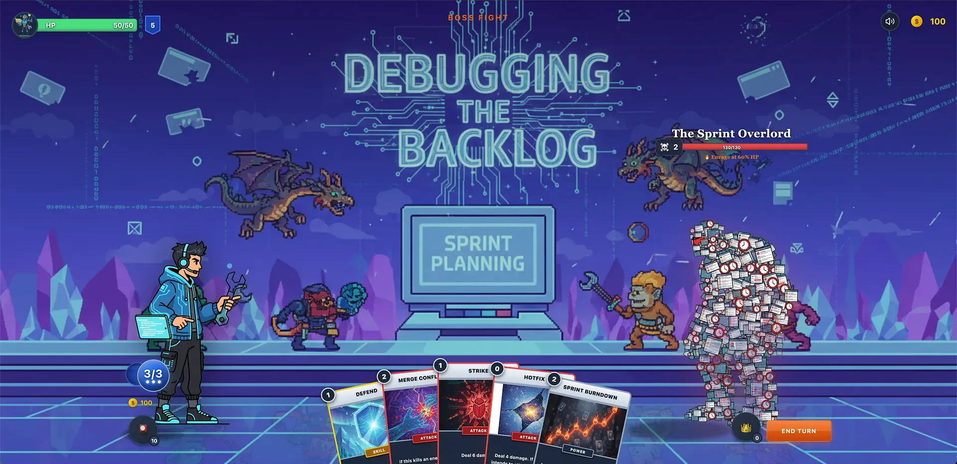 A run generated from a sprint planning screenshot: “Debugging the Backlog”, where The Sprint Overlord is a figure built entirely out of ticket cards.