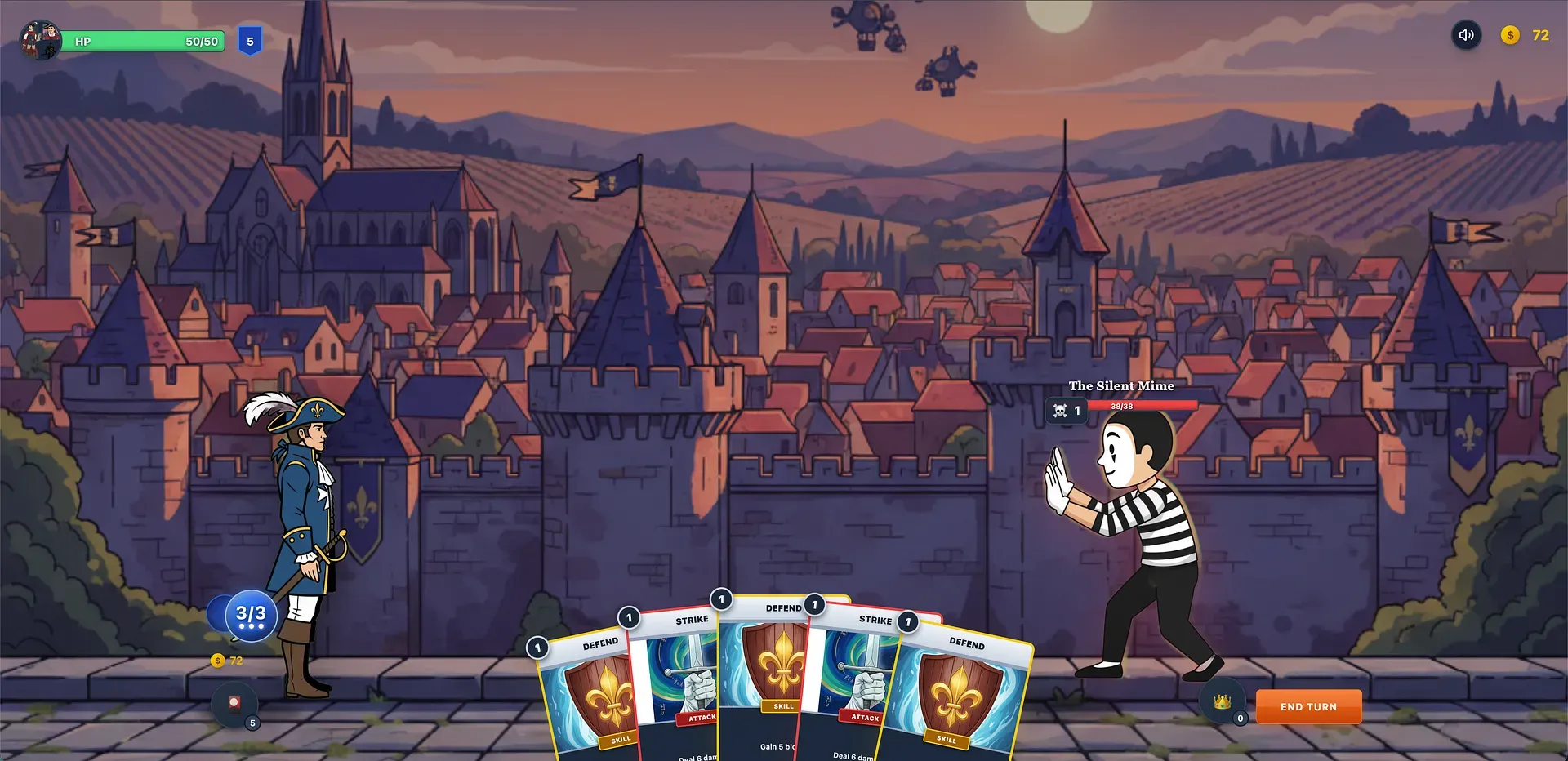 The Paris run again, this time against The Silent Mime outside the town walls.
