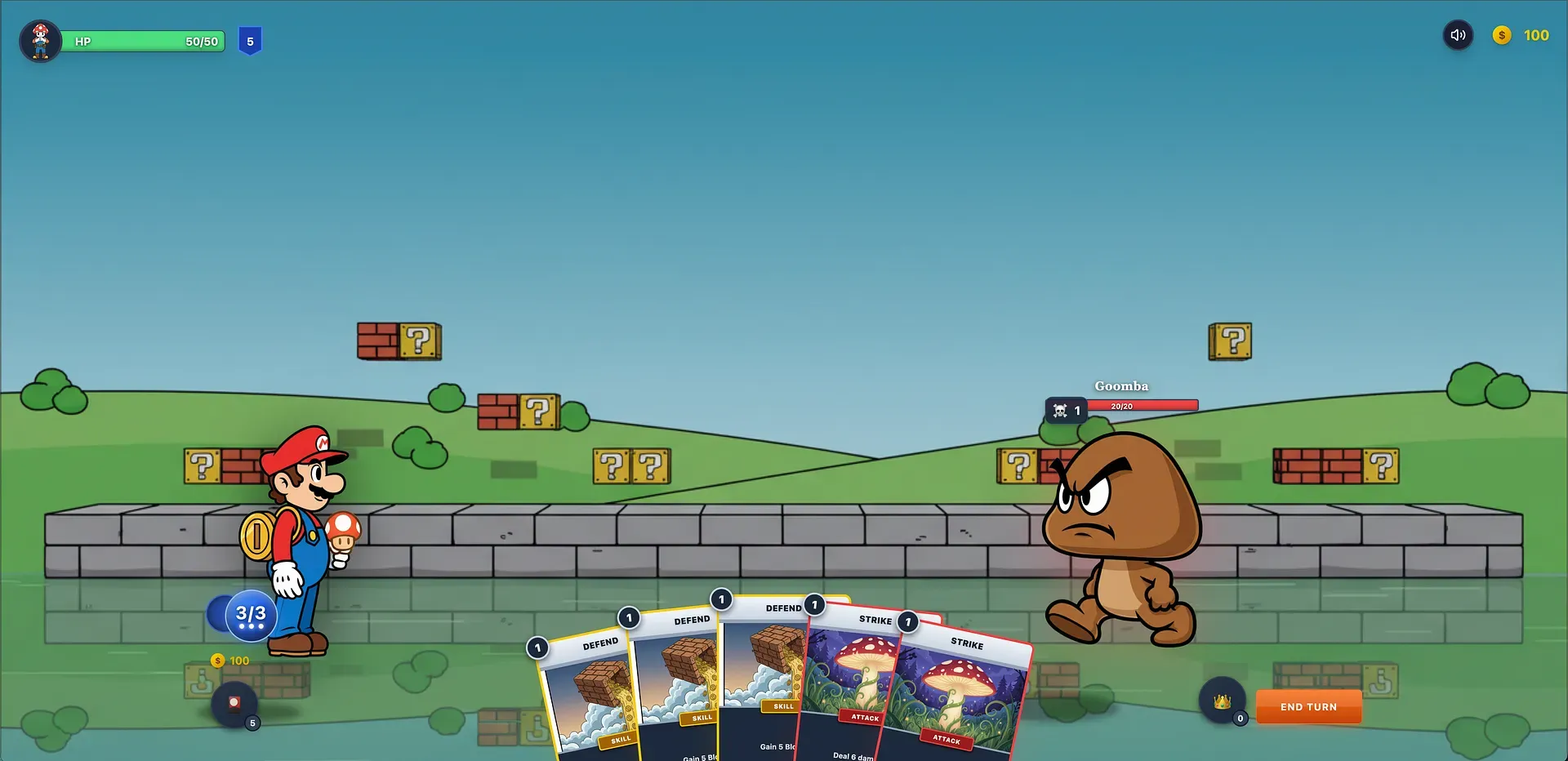 A run generated from a Mario page: Mario faces a Goomba over a green field, holding brick-block Defend cards and mushroom Strike cards.