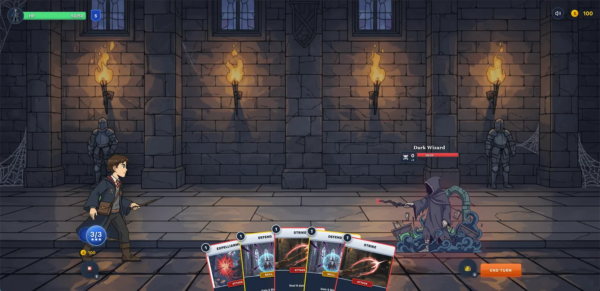 A wizarding-school run: a student duels a Dark Wizard in a torch-lit stone corridor, holding an Expelliarmus card.